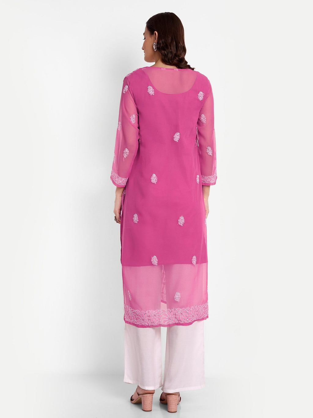 Lucknow Chikankari Hand Embroidered Kurta with Matching Inner, Georgette - Indiankala4u