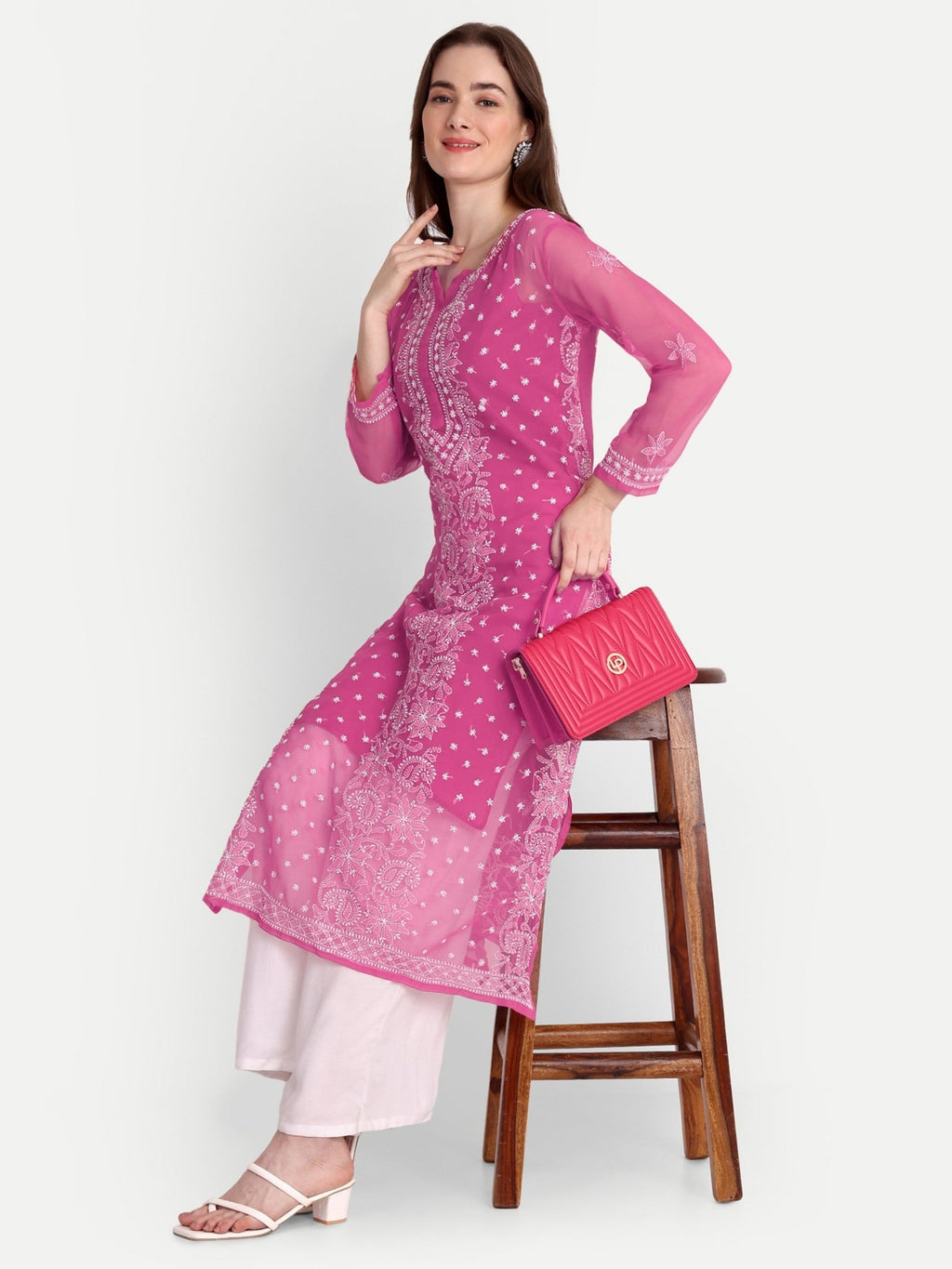 Lucknow Chikankari Hand Embroidered Kurta with Matching Inner, Georgette - Indiankala4u