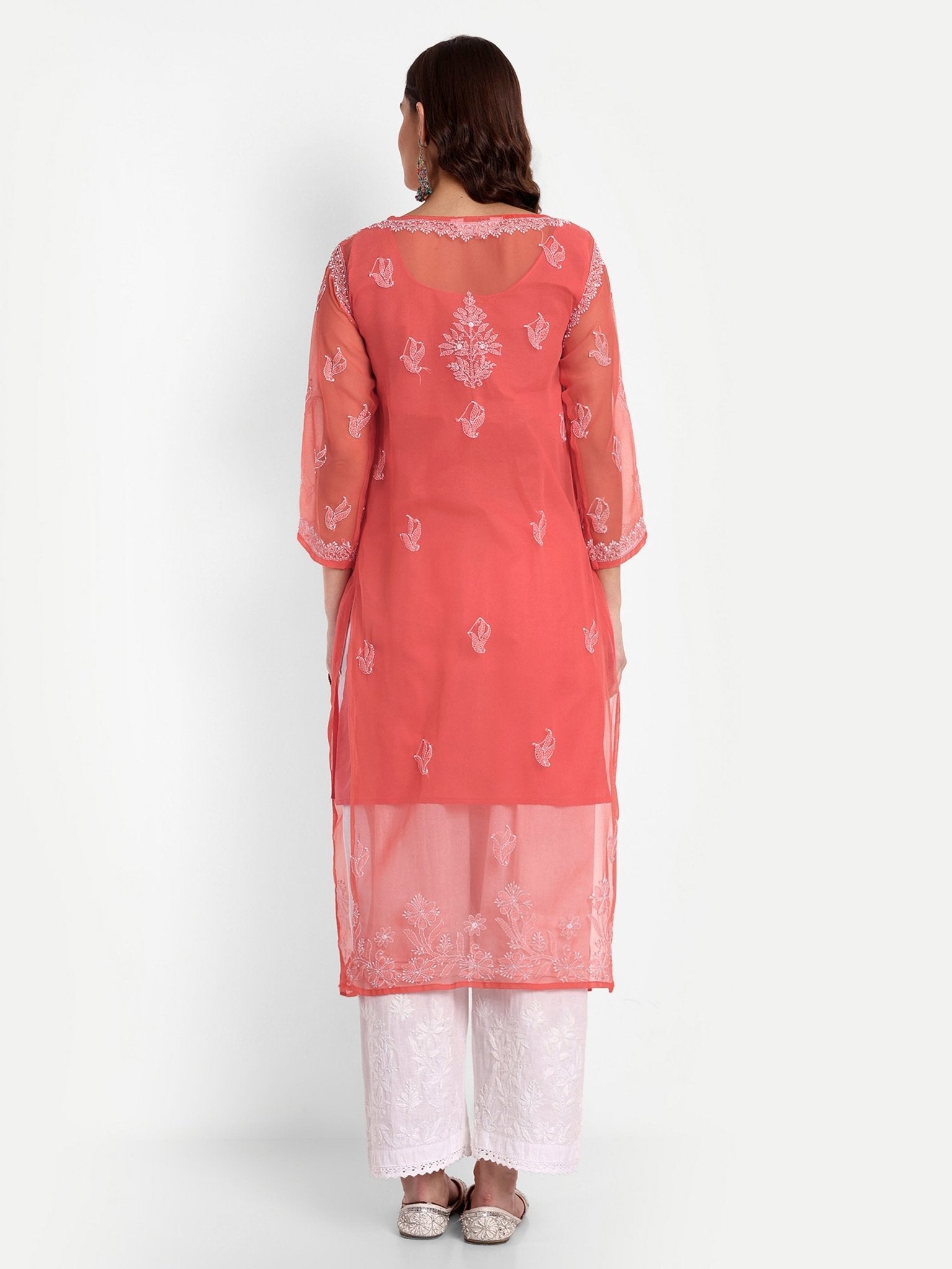 Lucknow Chikankari Hand Embroidered Kurta with Matching Inner, Georgette - Indiankala4u