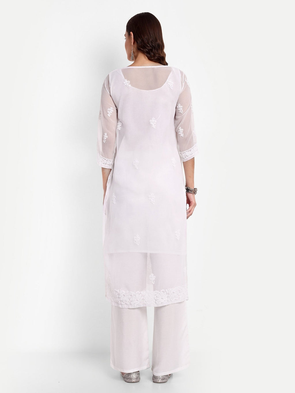 Lucknow Chikankari Hand Embroidered Kurta with Matching Inner, Georgette - Indiankala4u