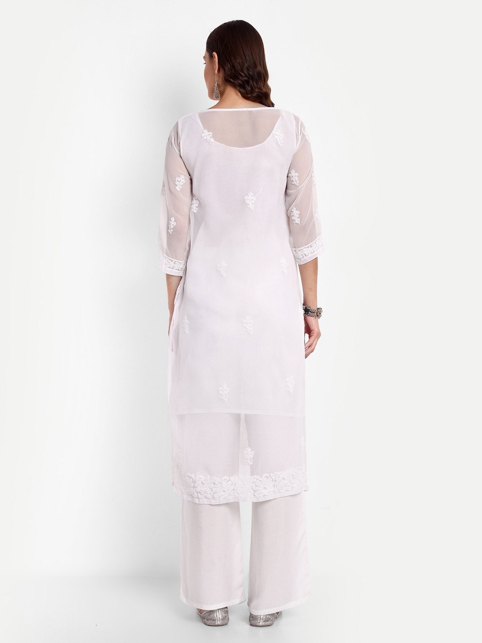 Lucknow Chikankari Hand Embroidered Kurta with Matching Inner, Georgette - Indiankala4u