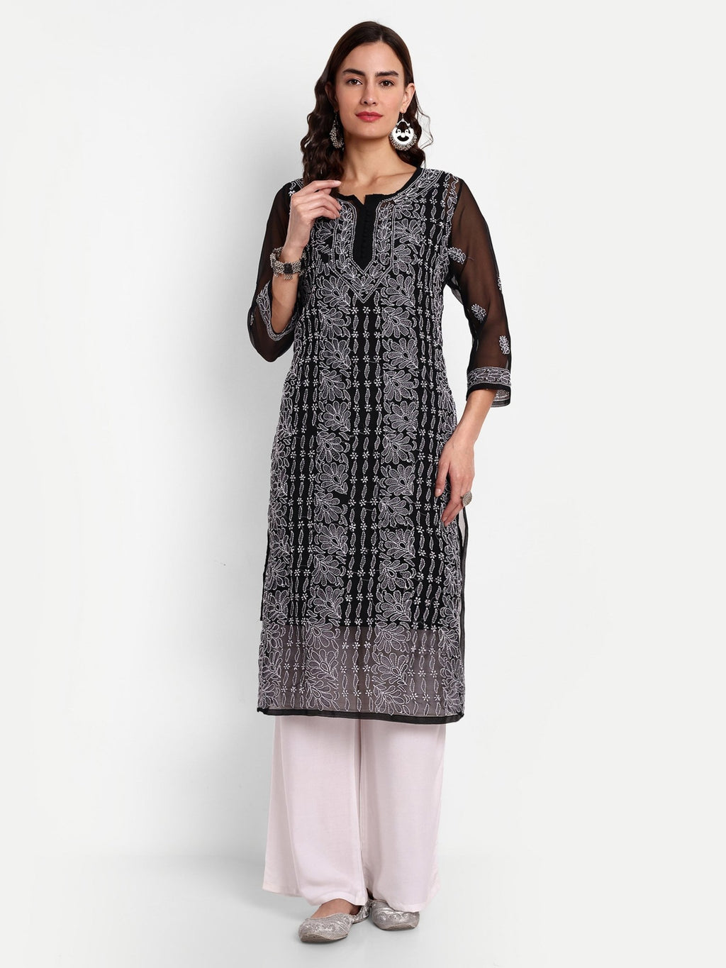 Lucknow Chikankari Hand Embroidered Kurta with Matching Inner, Georgette - Indiankala4u