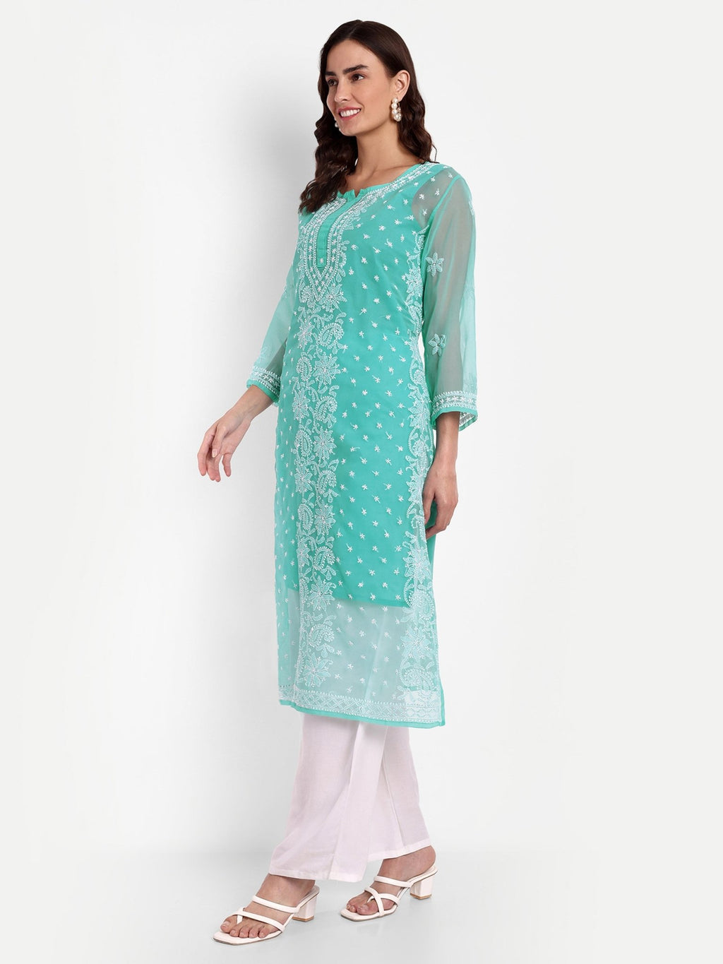 Lucknow Chikankari Hand Embroidered Kurta with Matching Inner, Georgette - Indiankala4u
