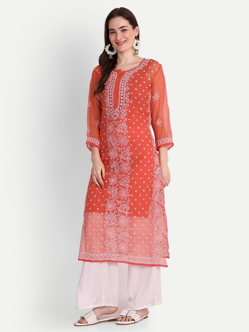 Lucknow Chikankari Hand Embroidered Kurta with Matching Inner, Georgette - Indiankala4u