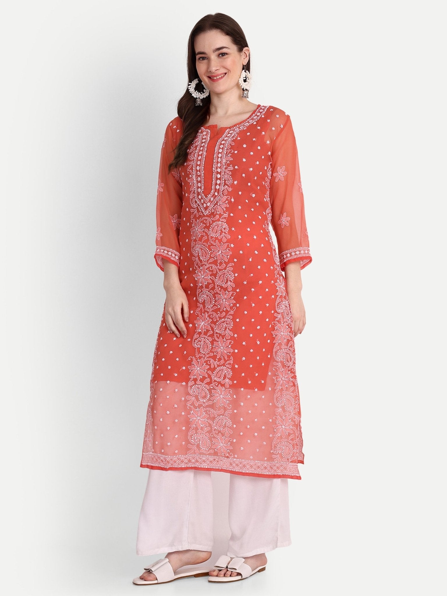 Lucknow Chikankari Hand Embroidered Kurta with Matching Inner, Georgette - Indiankala4u