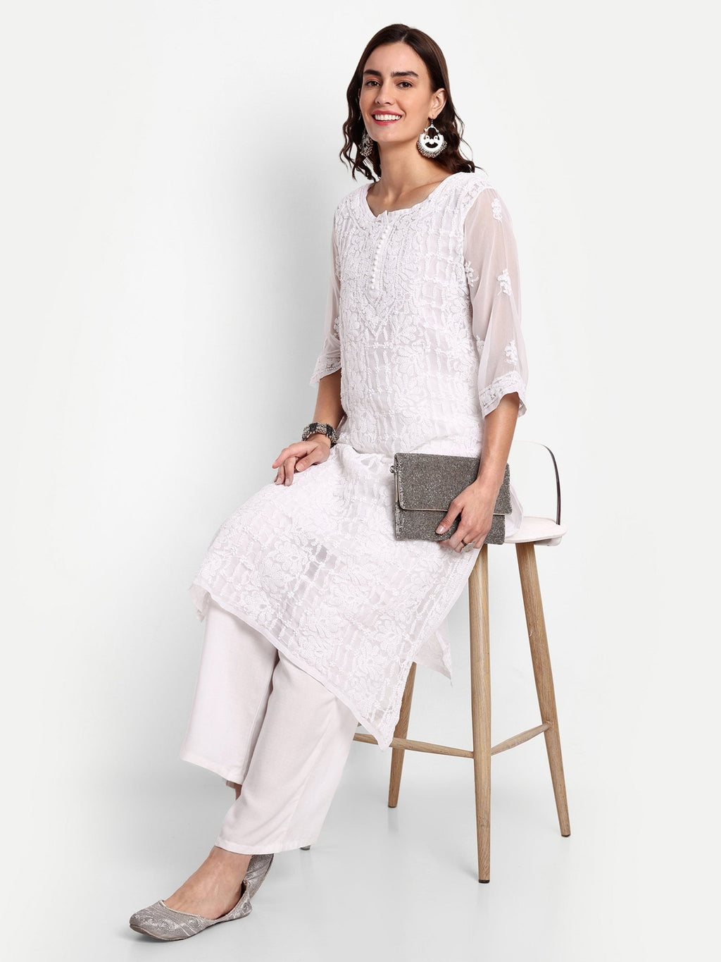 Lucknow Chikankari Hand Embroidered Kurta with Matching Inner, Georgette - Indiankala4u
