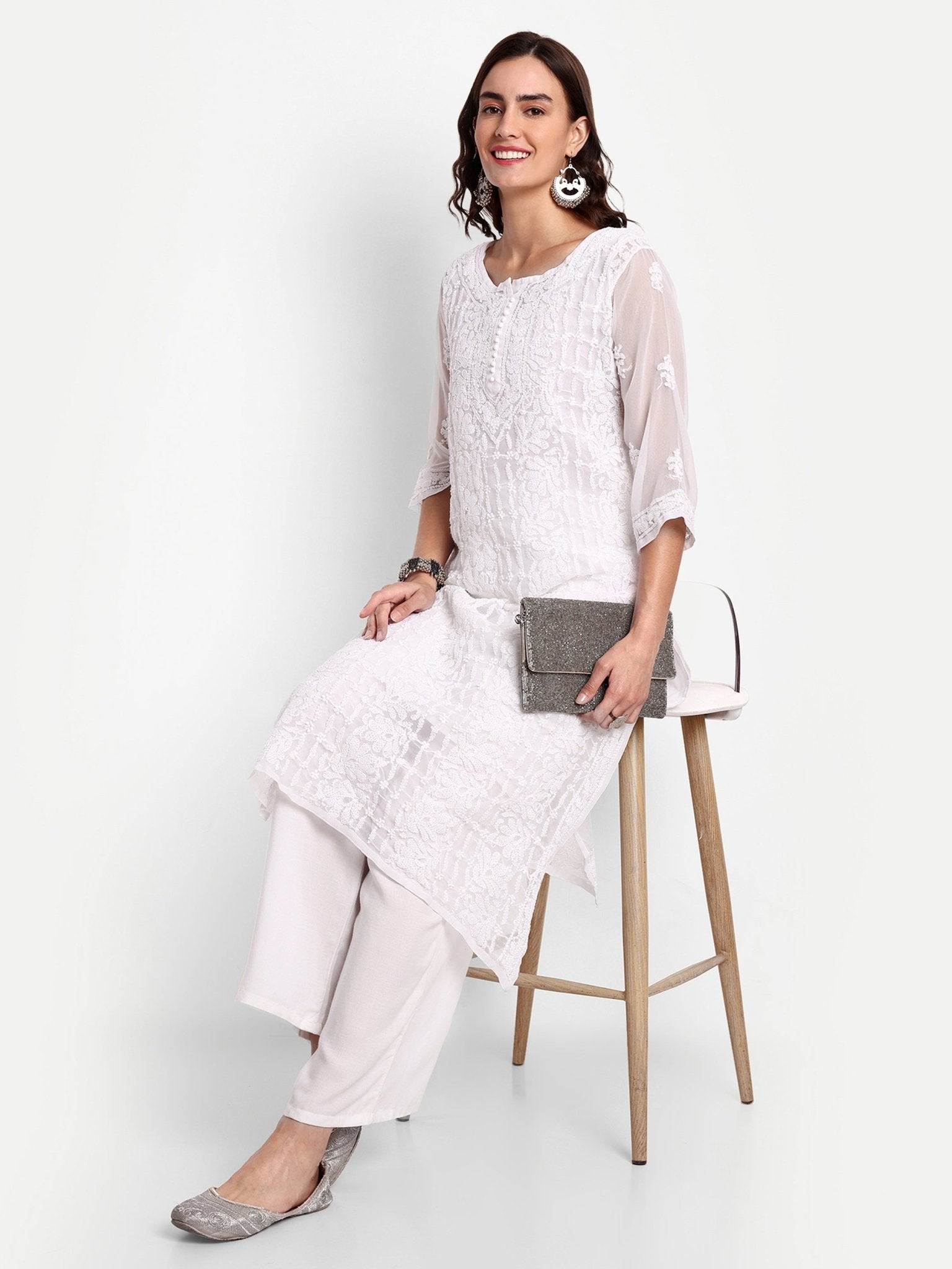 Lucknow Chikankari Hand Embroidered Kurta with Matching Inner, Georgette - Indiankala4u