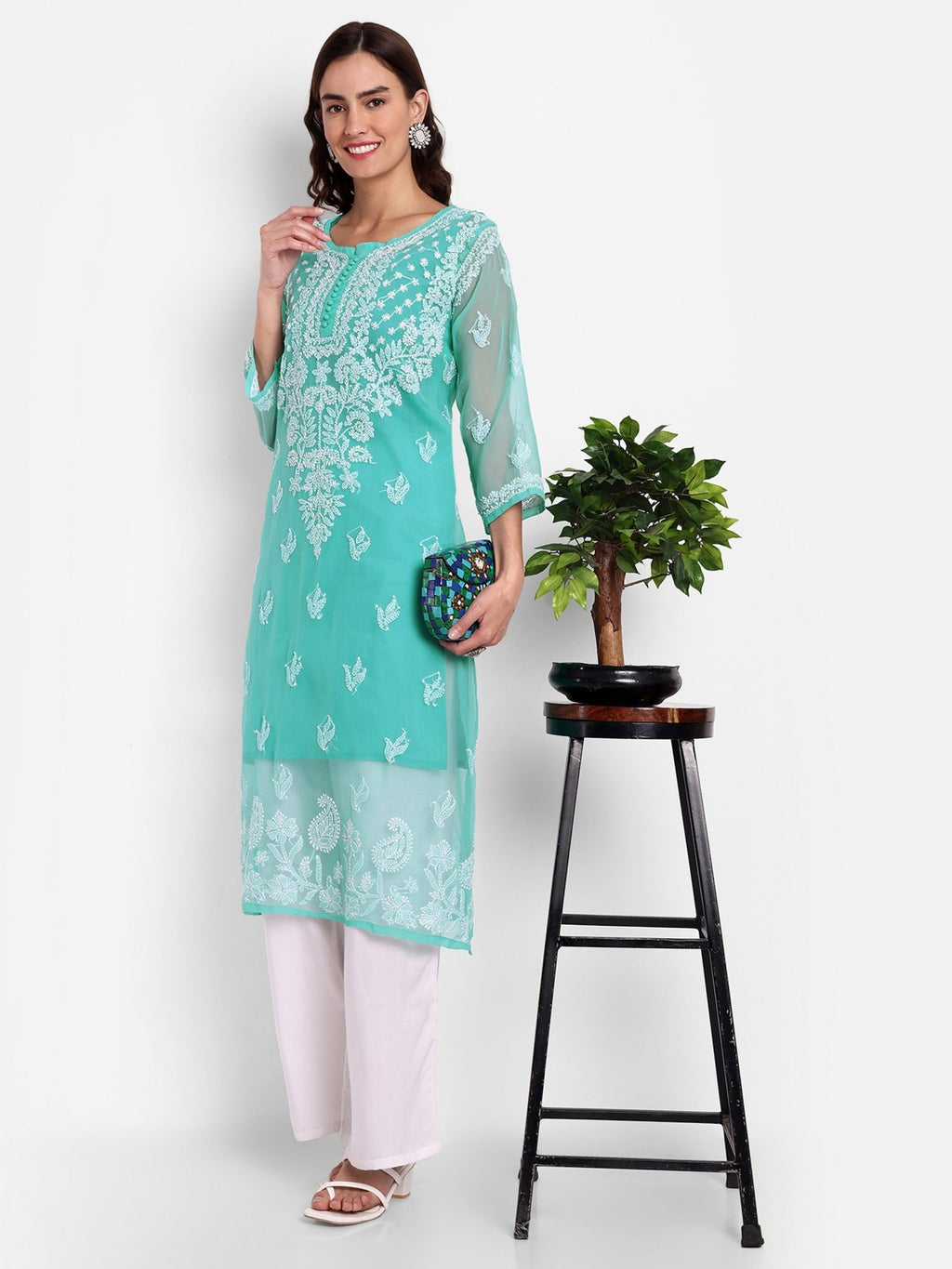 Lucknow Chikankari Hand Embroidered Kurta with Matching Inner, Georgette - Indiankala4u