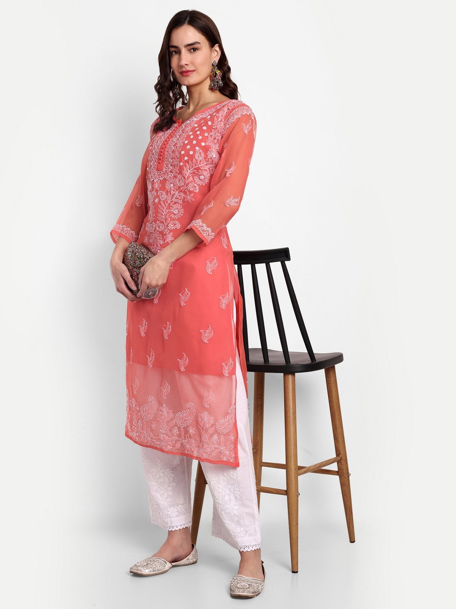 Lucknow Chikankari Hand Embroidered Kurta with Matching Inner, Georgette - Indiankala4u