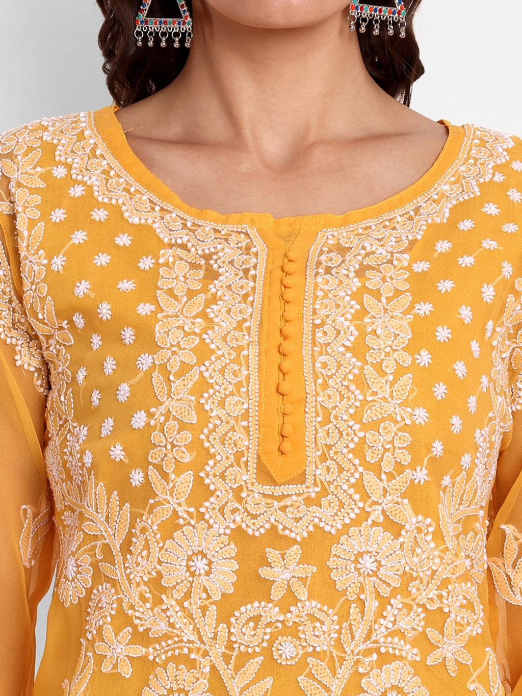 Lucknow Chikankari Hand Embroidered Kurta with Matching Inner, Georgette - Indiankala4u