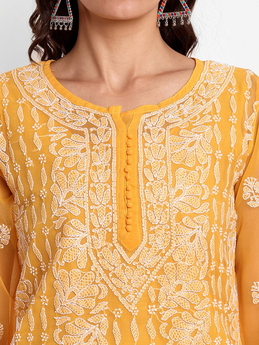 Lucknow Chikankari Hand Embroidered Kurta with Matching Inner, Georgette - Indiankala4u