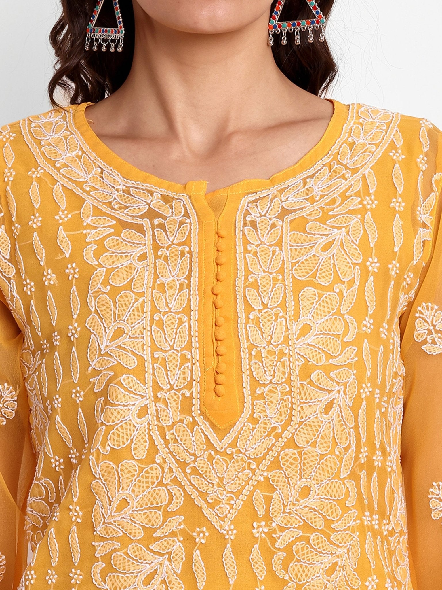 Lucknow Chikankari Hand Embroidered Kurta with Matching Inner, Georgette - Indiankala4u