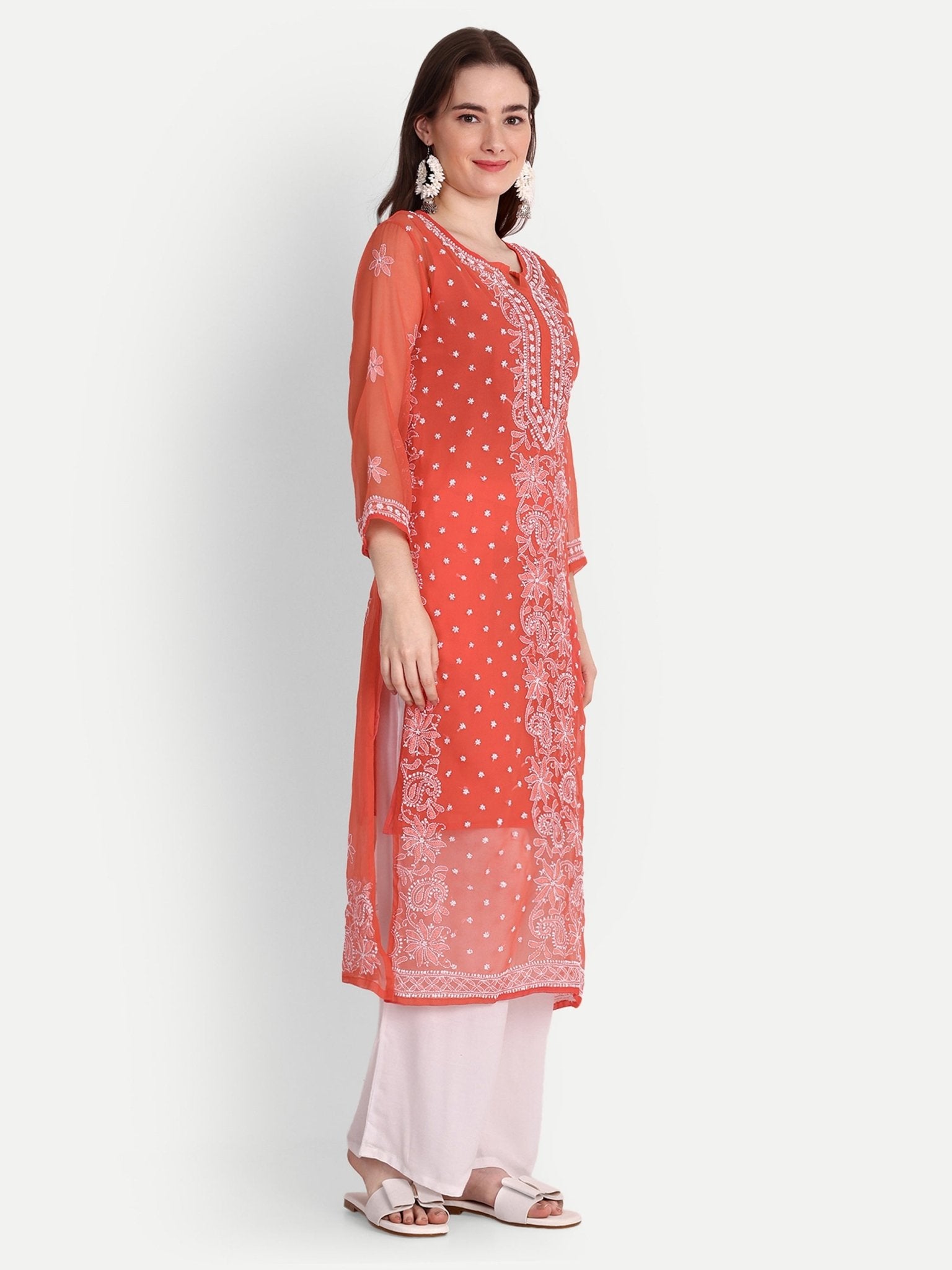 Lucknow Chikankari Hand Embroidered Kurta with Matching Inner, Georgette - Indiankala4u