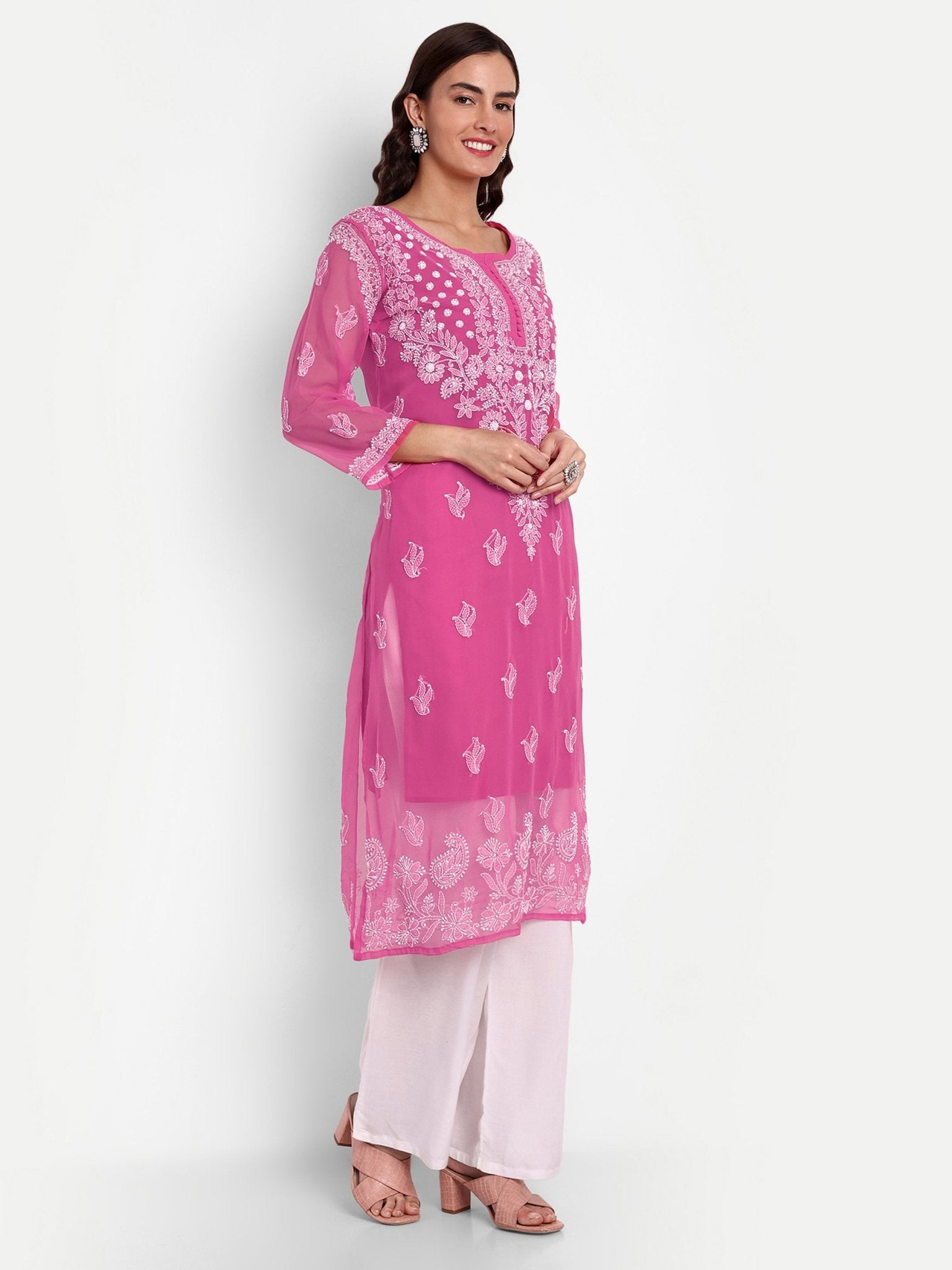 Lucknow Chikankari Hand Embroidered Kurta with Matching Inner, Georgette - Indiankala4u