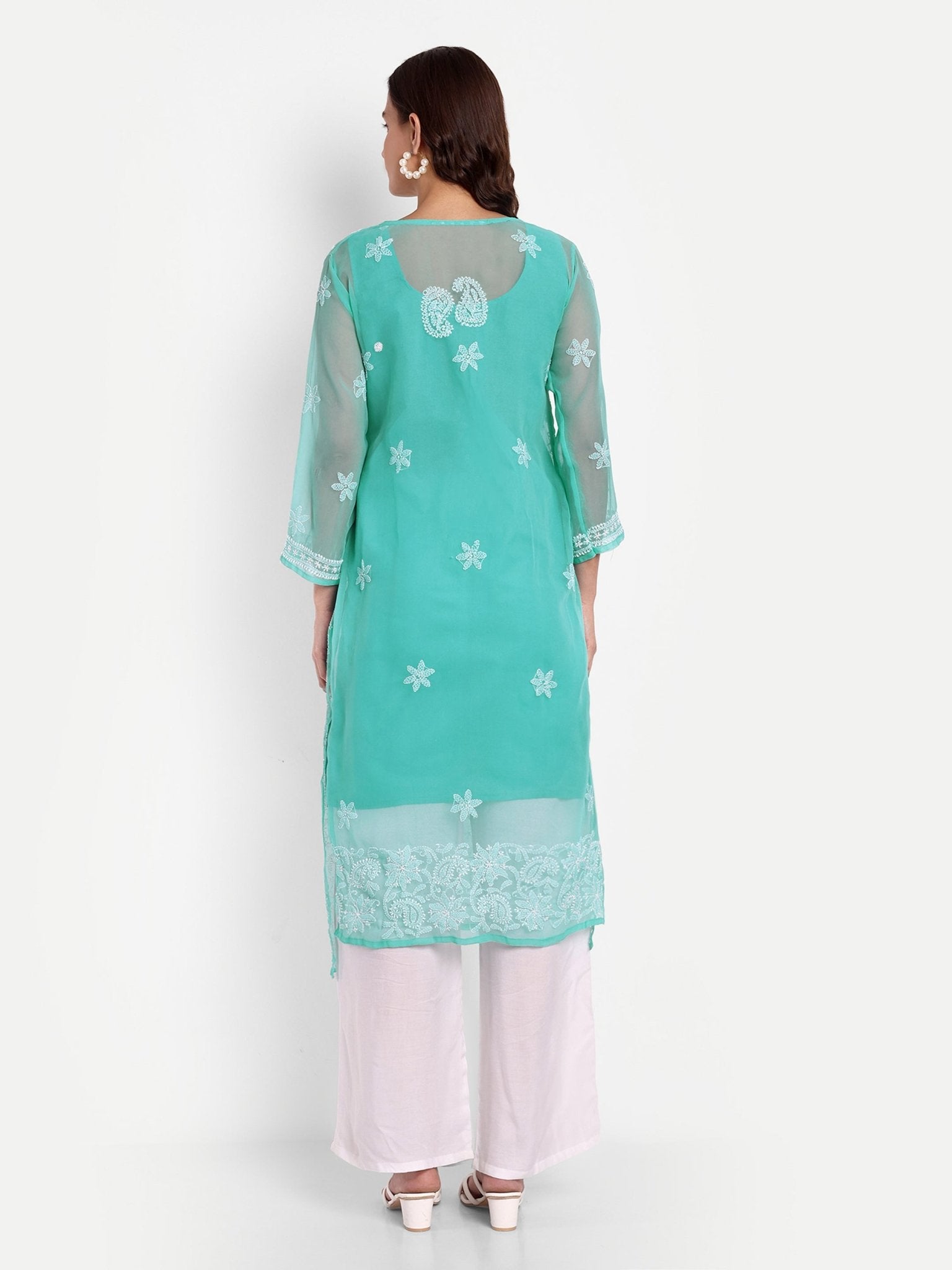 Lucknow Chikankari Hand Embroidered Kurta with Matching Inner, Georgette - Indiankala4u