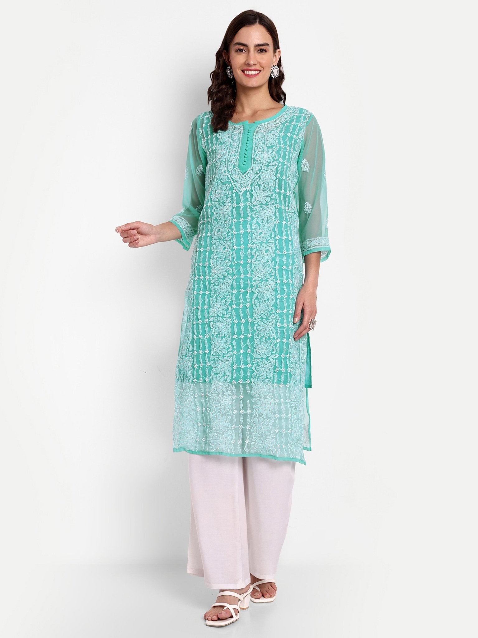Lucknow Chikankari Hand Embroidered Kurta with Matching Inner, Georgette - Indiankala4u
