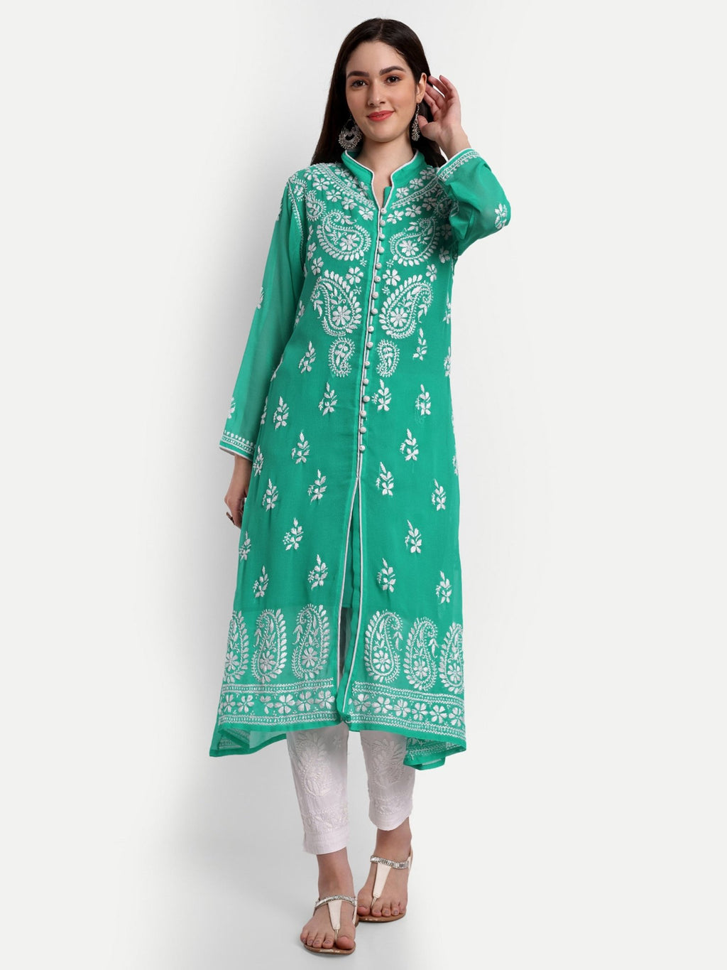 Lucknow Chikankari Hand Embroidered Kurta with Matching Inner, Georgette - Indiankala4u