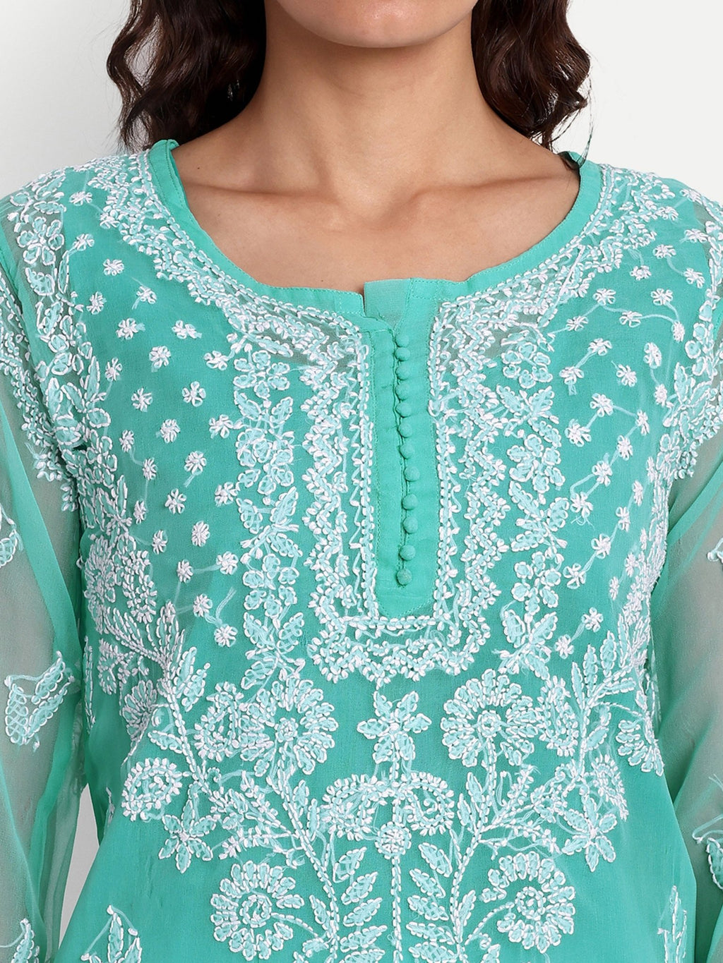 Lucknow Chikankari Hand Embroidered Kurta with Matching Inner, Georgette - Indiankala4u