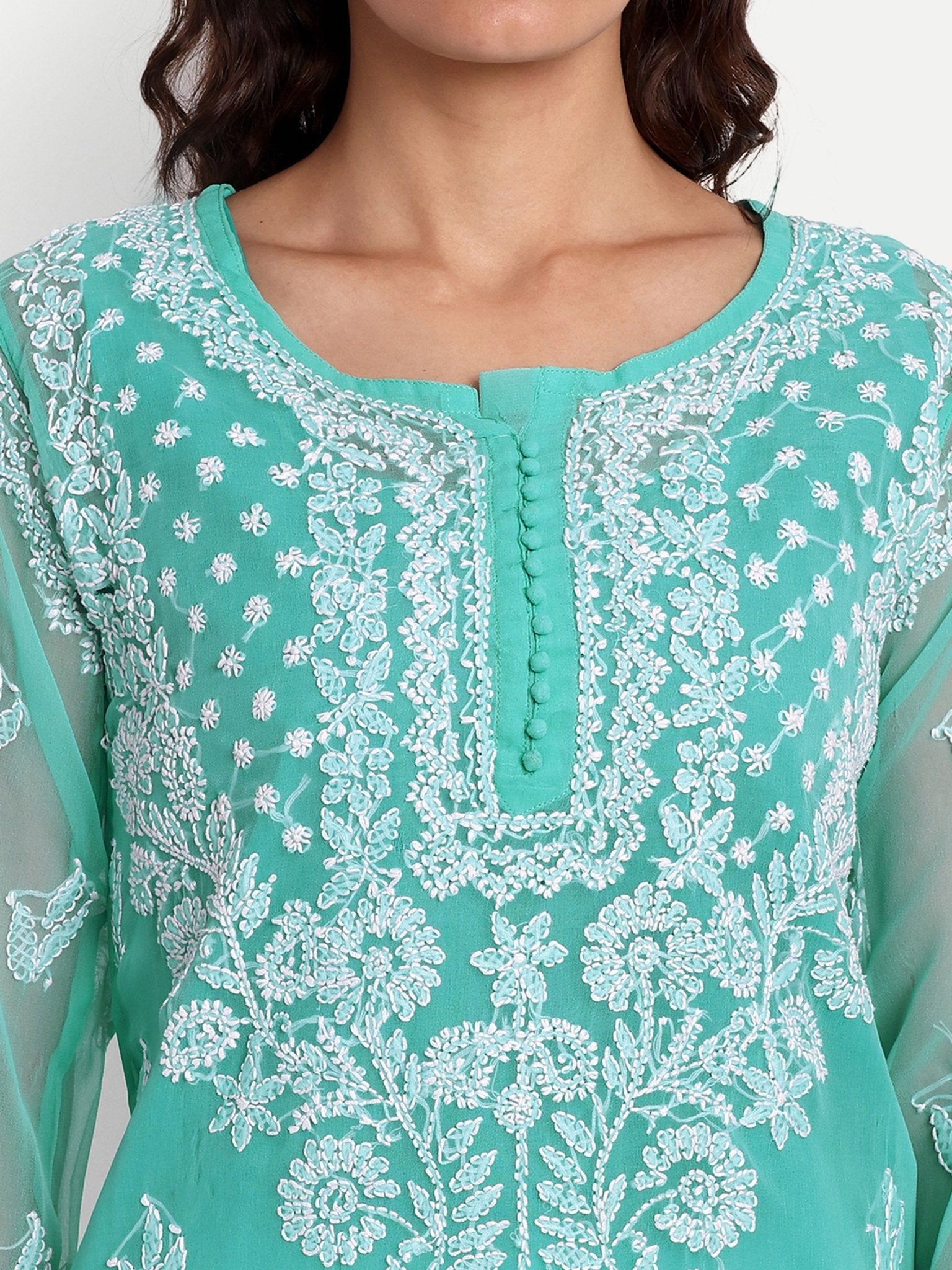 Lucknow Chikankari Hand Embroidered Kurta with Matching Inner, Georgette - Indiankala4u