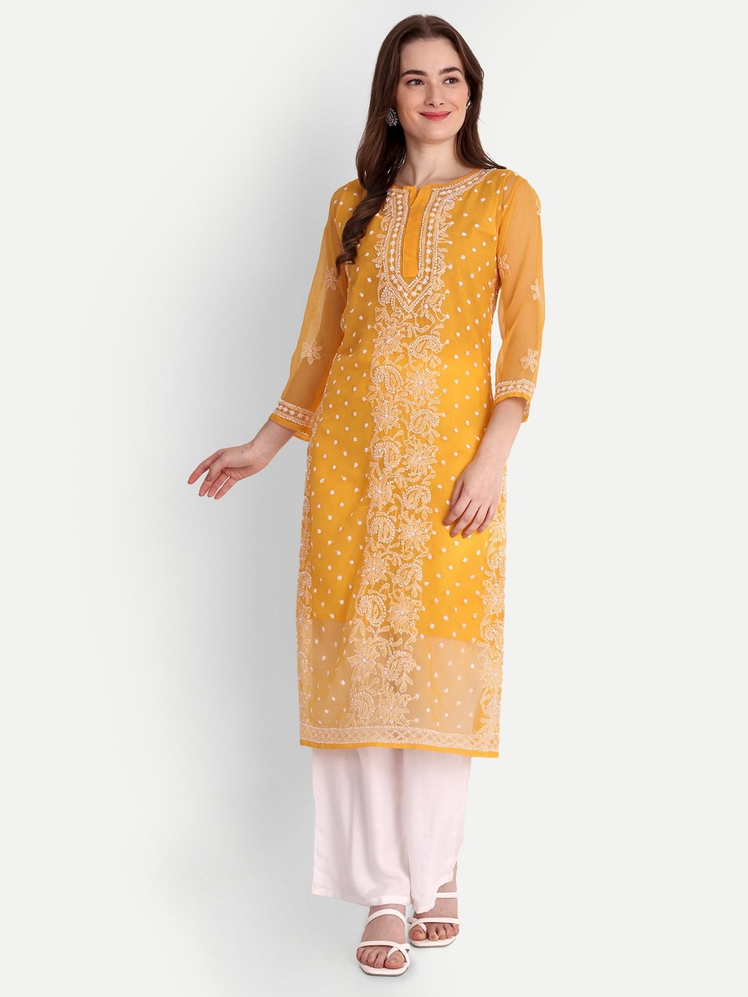 Lucknow Chikankari Hand Embroidered Kurta with Matching Inner, Georgette - Indiankala4u