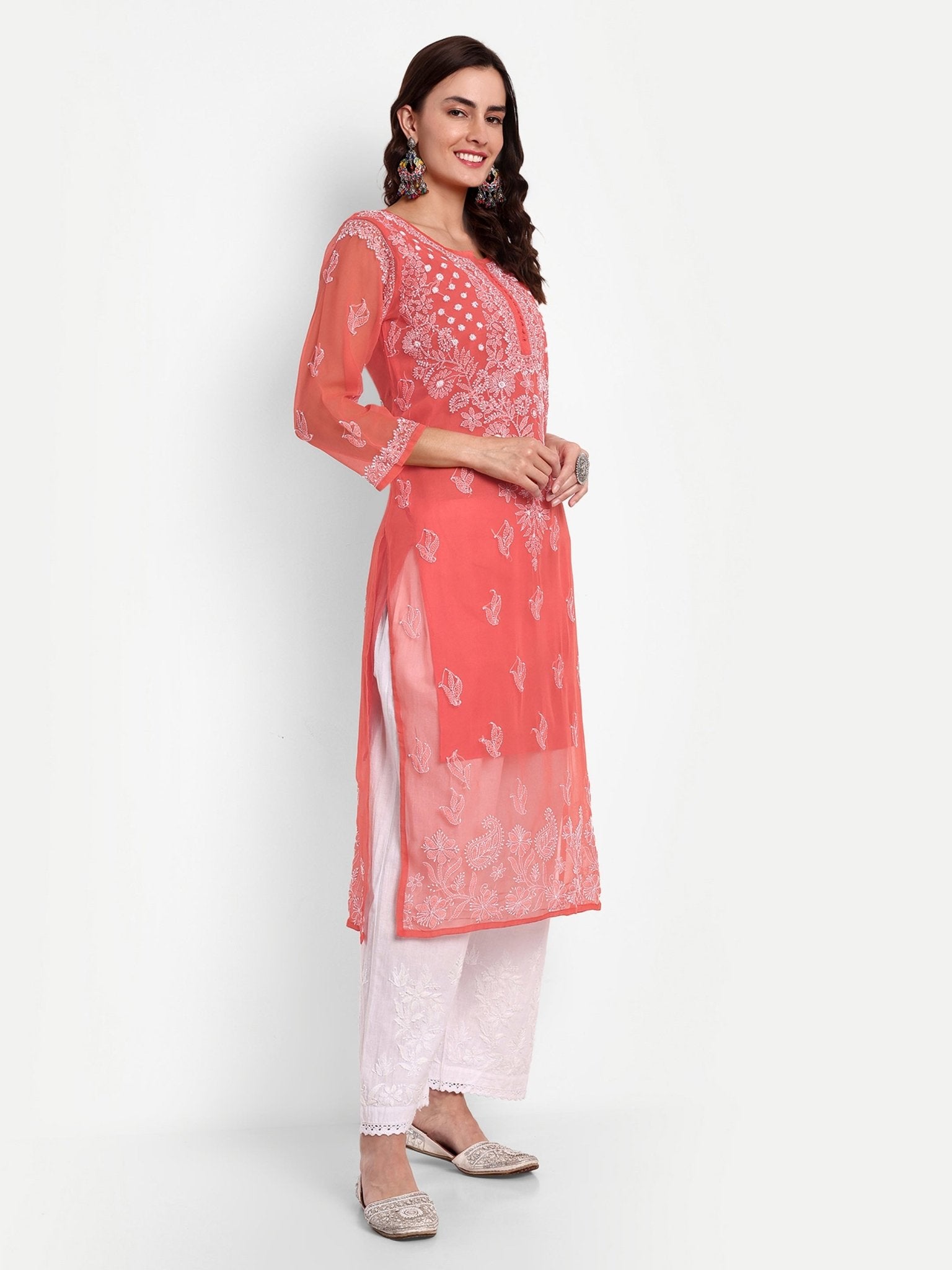 Lucknow Chikankari Hand Embroidered Kurta with Matching Inner, Georgette - Indiankala4u