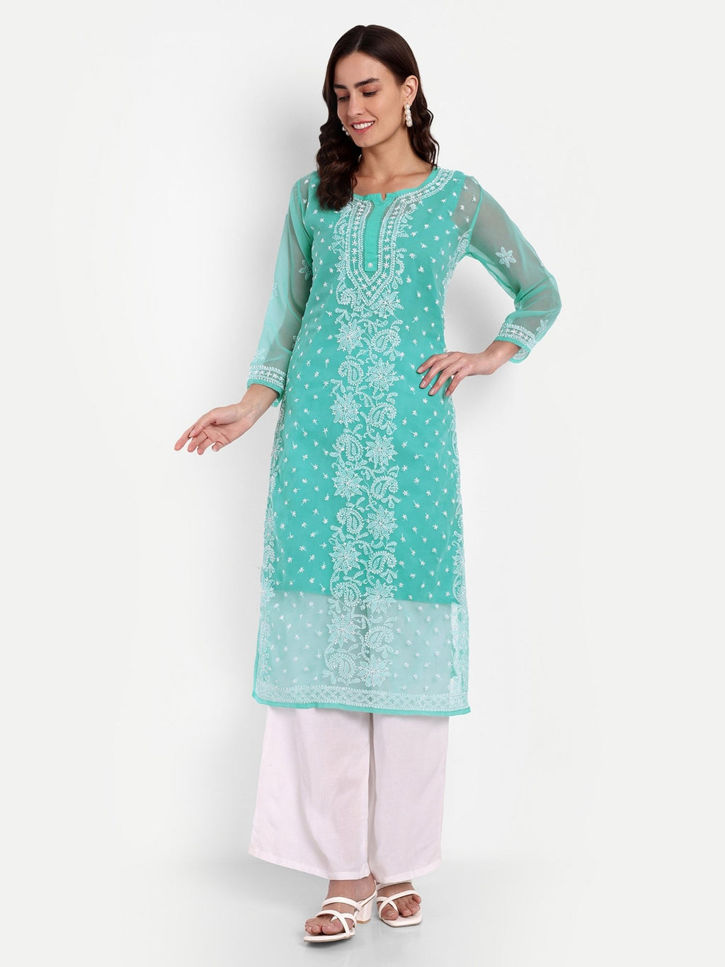 Lucknow Chikankari Hand Embroidered Kurta with Matching Inner, Georgette - Indiankala4u
