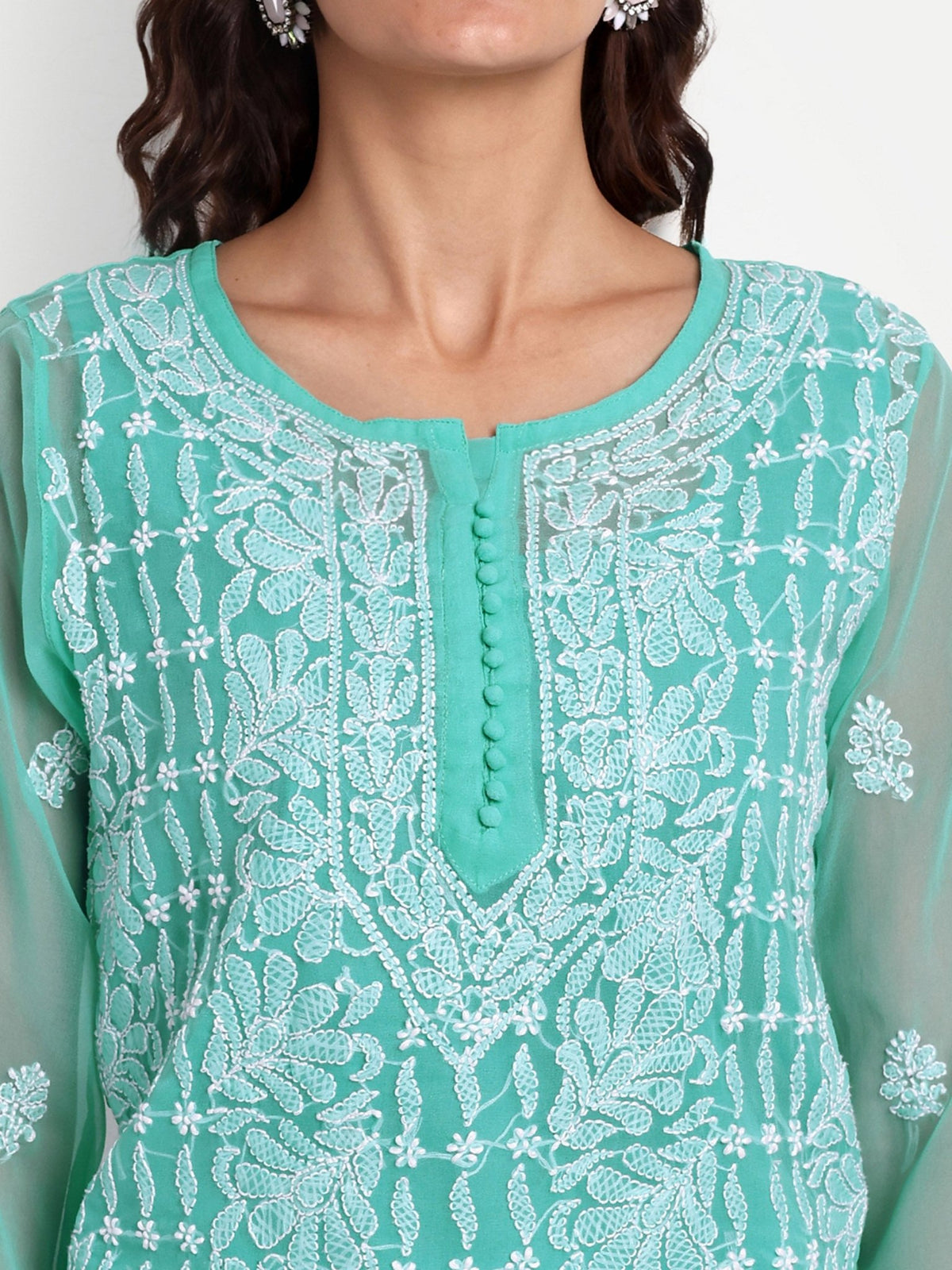Lucknow Chikankari Hand Embroidered Kurta with Matching Inner, Georgette - Indiankala4u