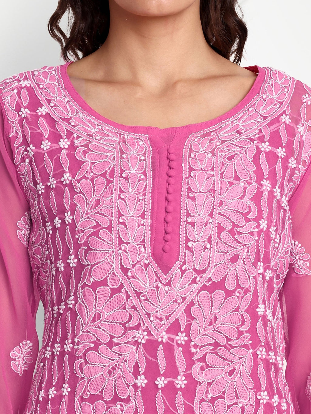 Lucknow Chikankari Hand Embroidered Kurta with Matching Inner, Georgette - Indiankala4u