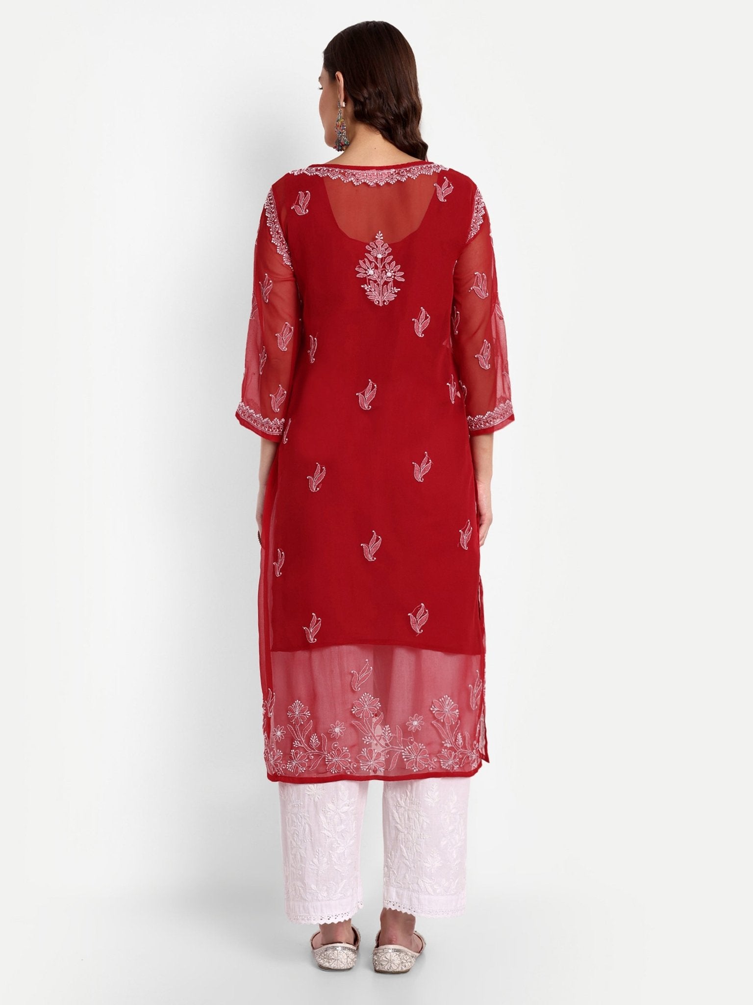 Lucknow Chikankari Hand Embroidered Kurta with Matching Inner, Georgette - Indiankala4u
