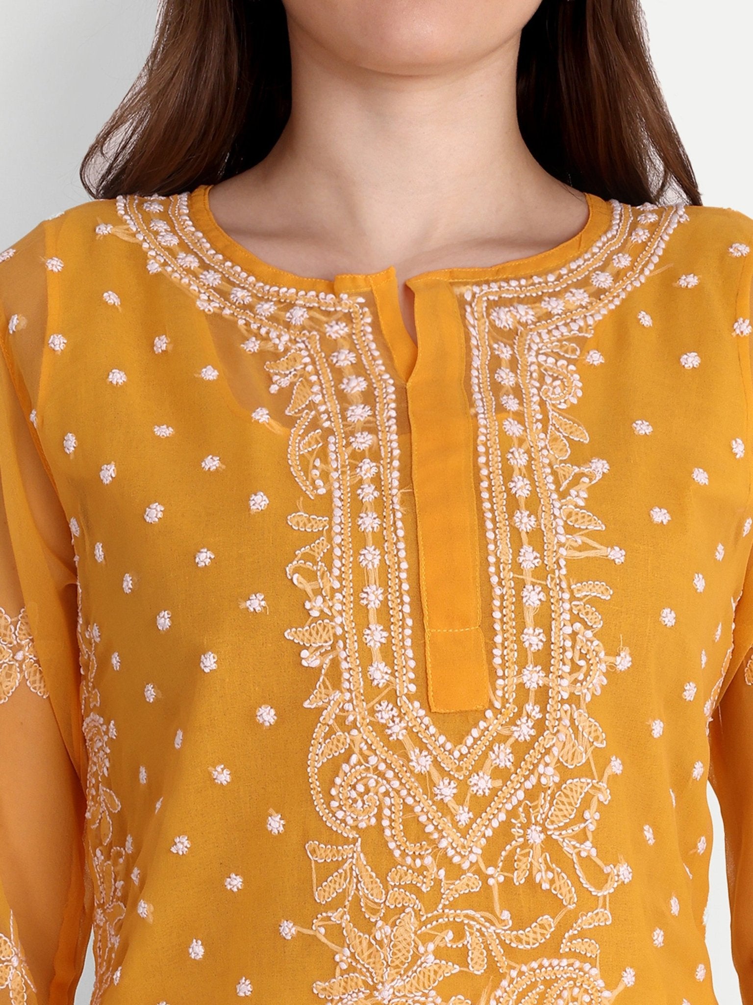 Lucknow Chikankari Hand Embroidered Kurta with Matching Inner, Georgette - Indiankala4u