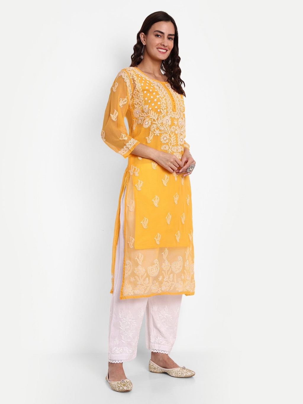 Lucknow Chikankari Hand Embroidered Kurta with Matching Inner, Georgette - Indiankala4u