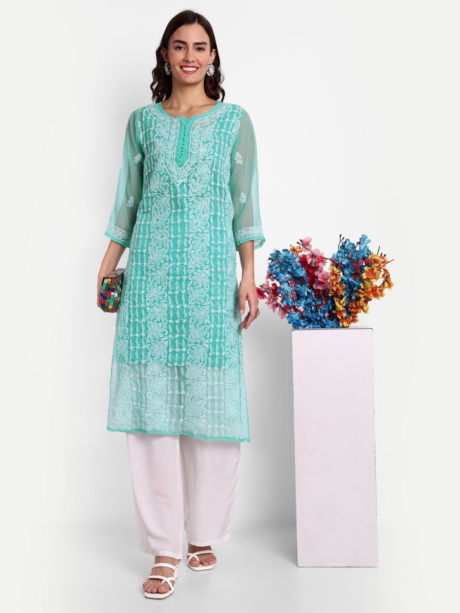 Lucknow Chikankari Hand Embroidered Kurta with Matching Inner, Georgette - Indiankala4u