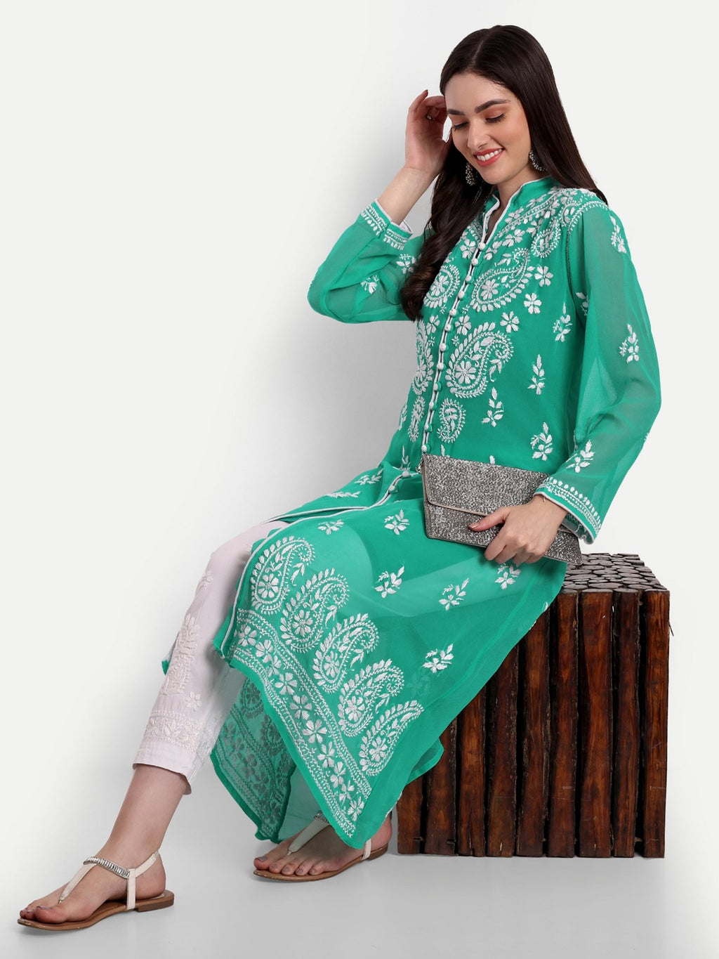Lucknow Chikankari Hand Embroidered Kurta with Matching Inner, Georgette - Indiankala4u