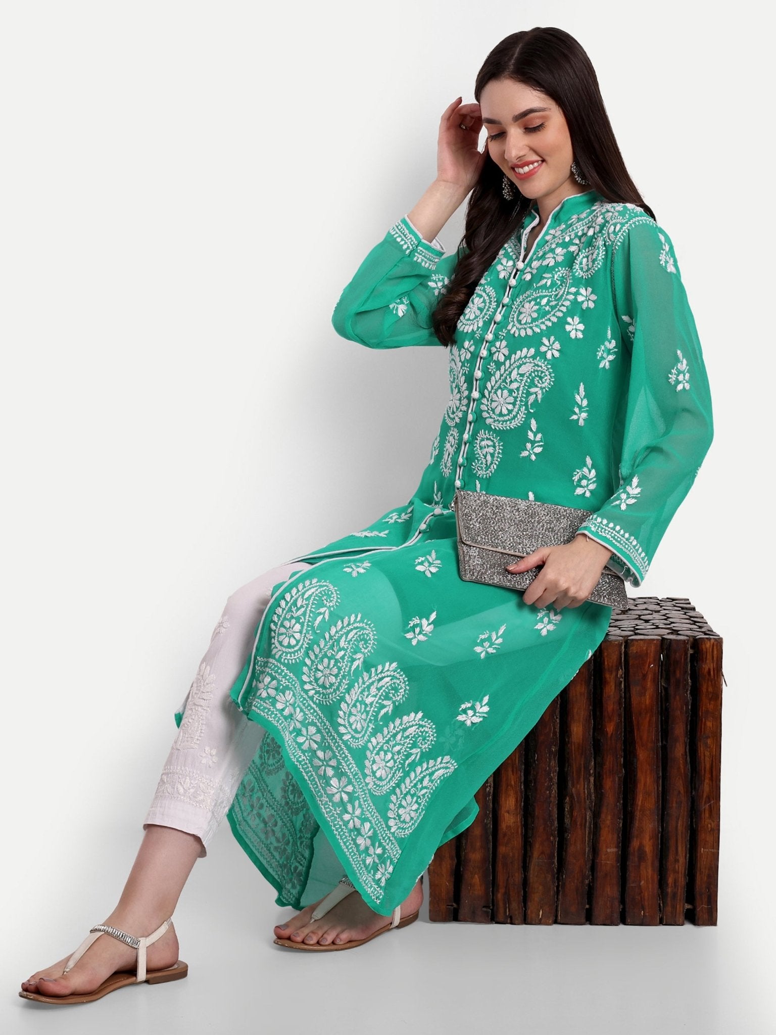 Lucknow Chikankari Hand Embroidered Kurta with Matching Inner, Georgette - Indiankala4u