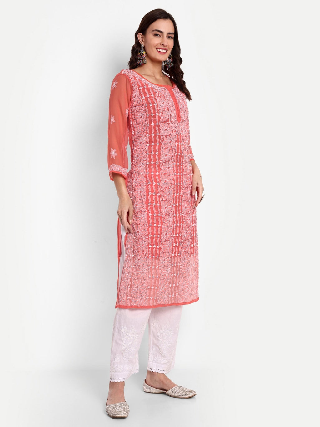 Lucknow Chikankari Hand Embroidered Kurta with Matching Inner, Georgette - Indiankala4u