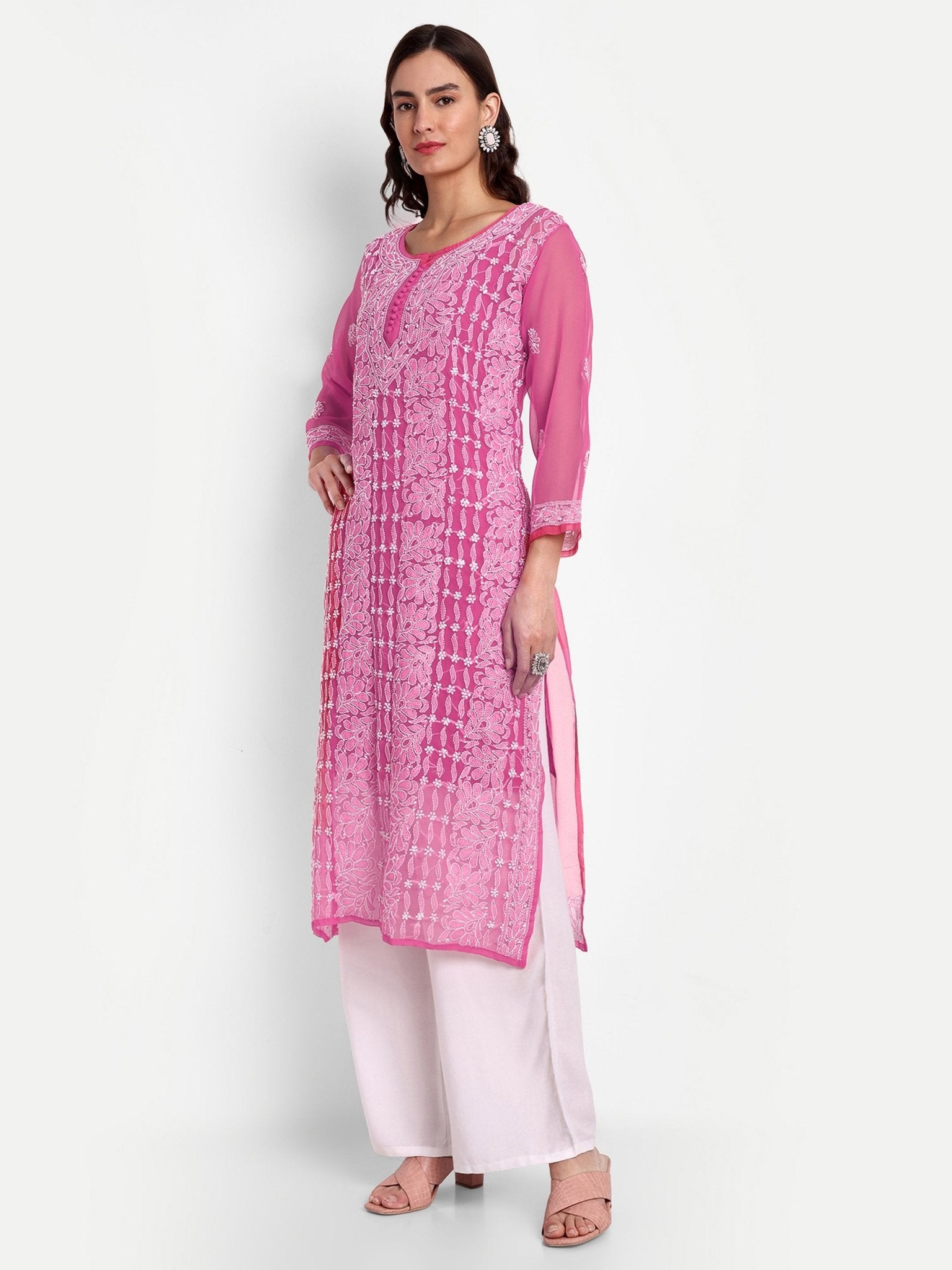 Lucknow Chikankari Hand Embroidered Kurta with Matching Inner, Georgette - Indiankala4u