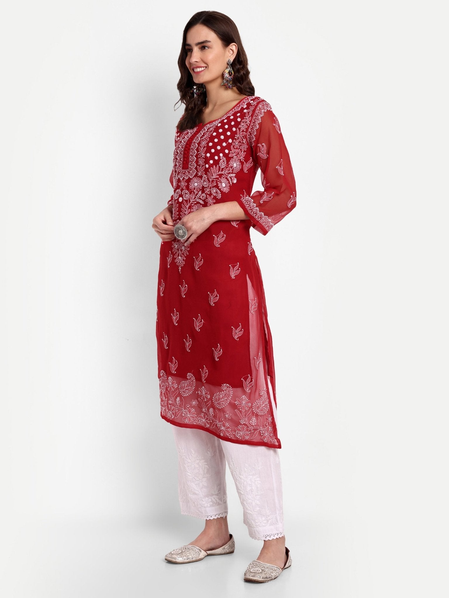 Lucknow Chikankari Hand Embroidered Kurta with Matching Inner, Georgette - Indiankala4u