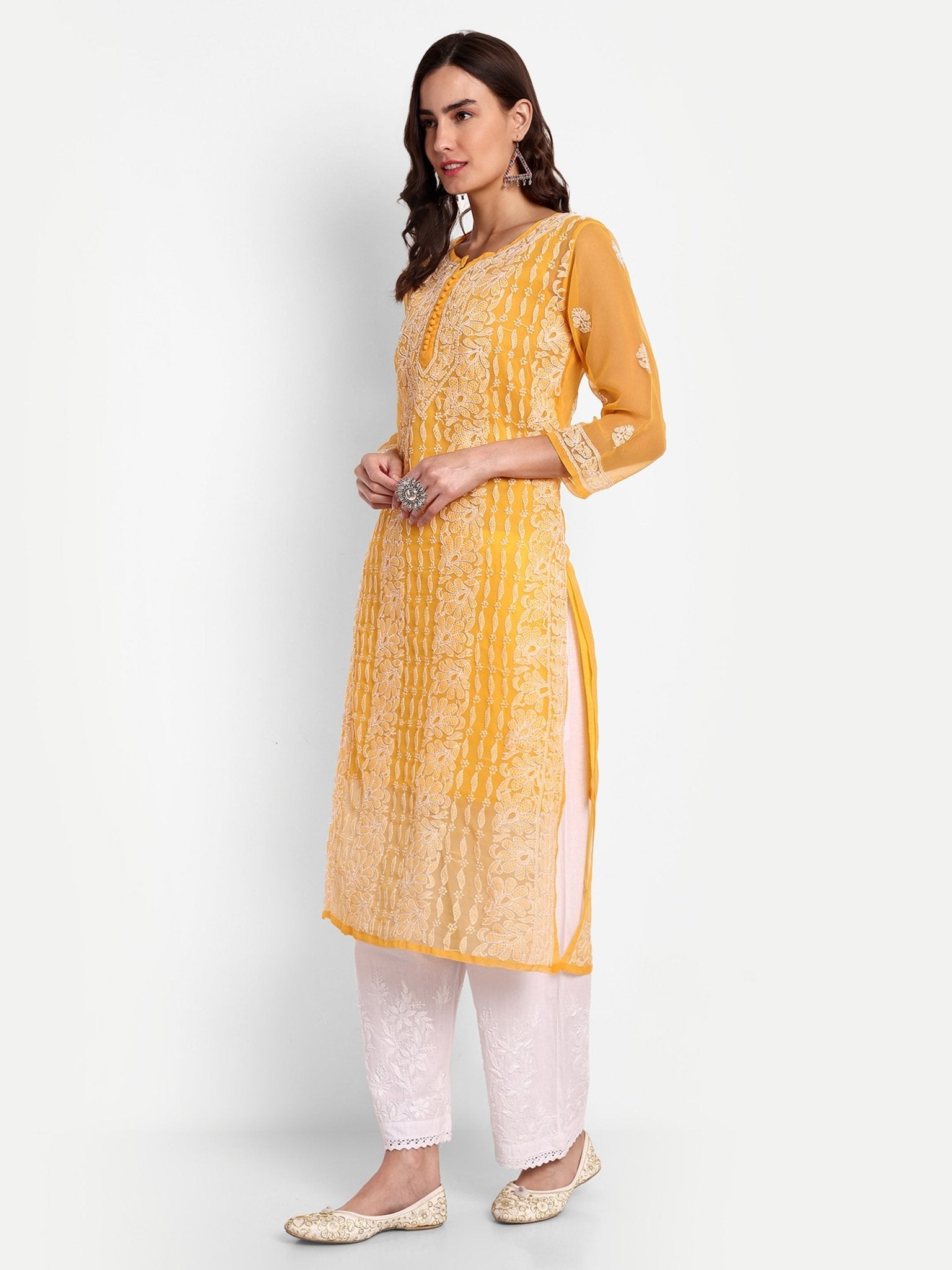 Lucknow Chikankari Hand Embroidered Kurta with Matching Inner, Georgette - Indiankala4u