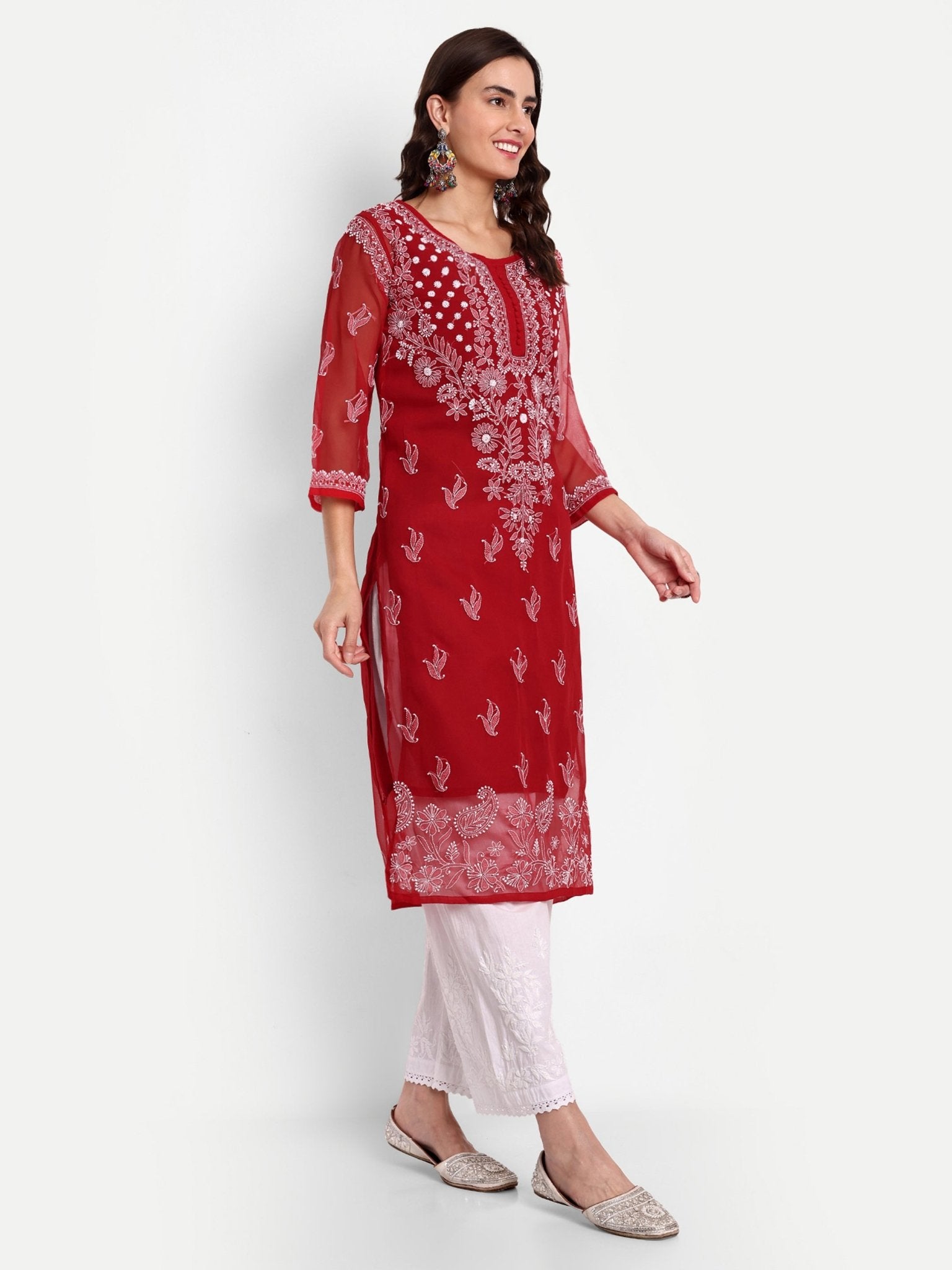 Lucknow Chikankari Hand Embroidered Kurta with Matching Inner, Georgette - Indiankala4u