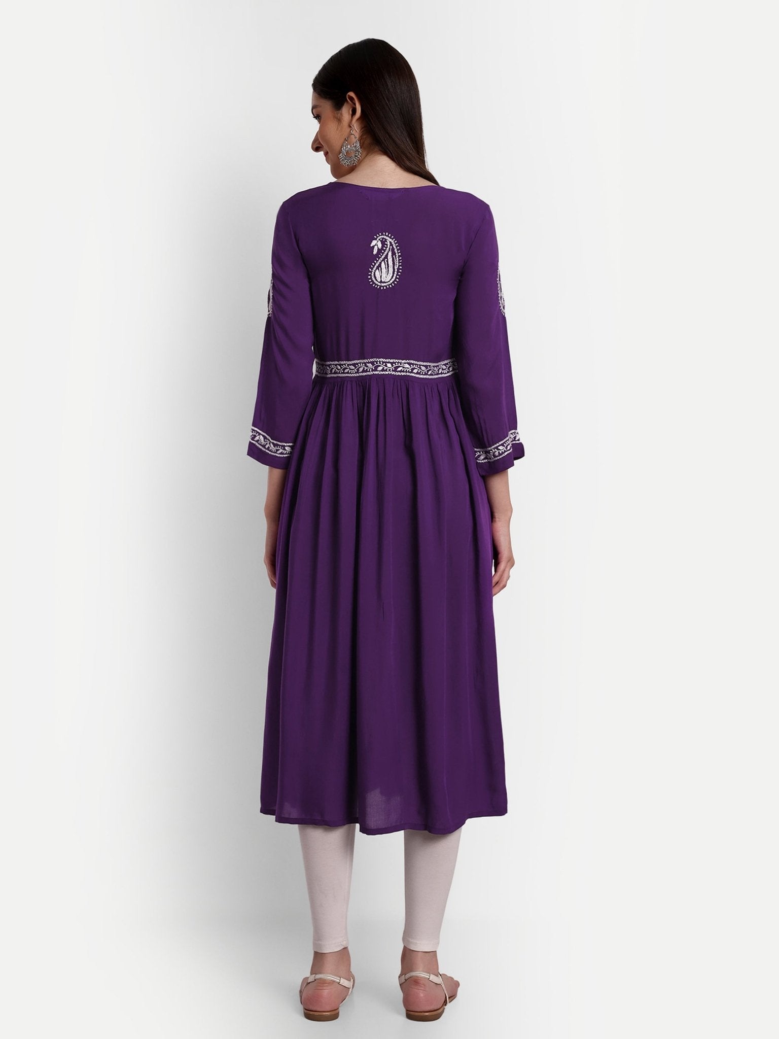 Lucknow Chikankari Hand Embroidered Long Alia Cut kurta for Women Modal Cotton - Indiankala4u