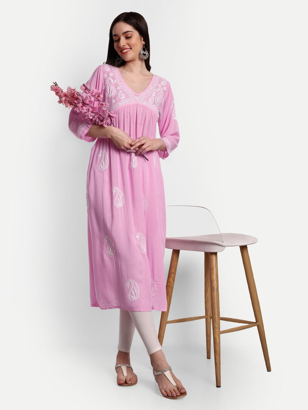 Lucknow Chikankari Hand Embroidered Long Alia Cut kurta for Women Modal Cotton - Indiankala4u