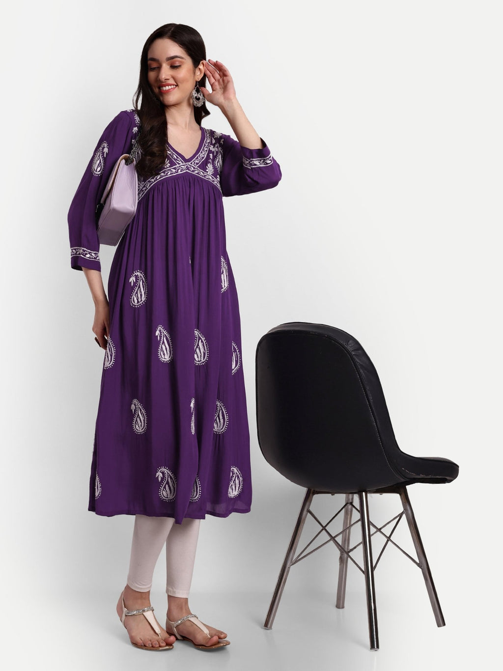 Lucknow Chikankari Hand Embroidered Long Alia Cut kurta for Women Modal Cotton - Indiankala4u