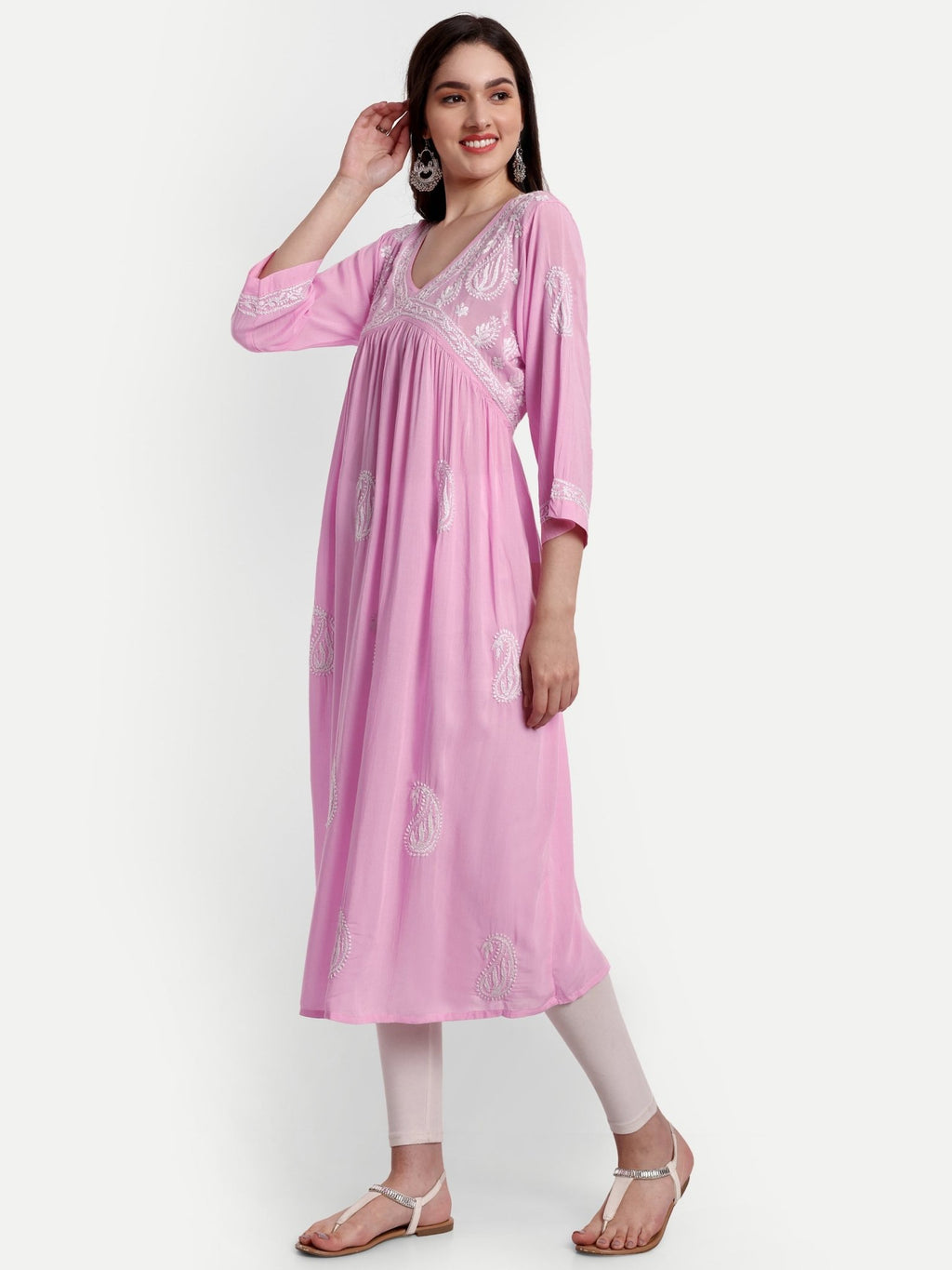 Lucknow Chikankari Hand Embroidered Long Alia Cut kurta for Women Modal Cotton - Indiankala4u