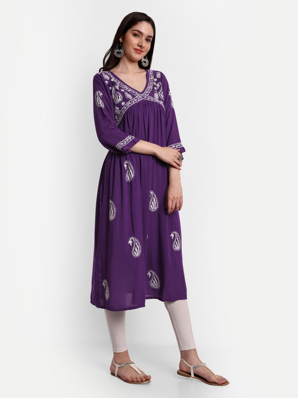Lucknow Chikankari Hand Embroidered Long Alia Cut kurta for Women Modal Cotton - Indiankala4u