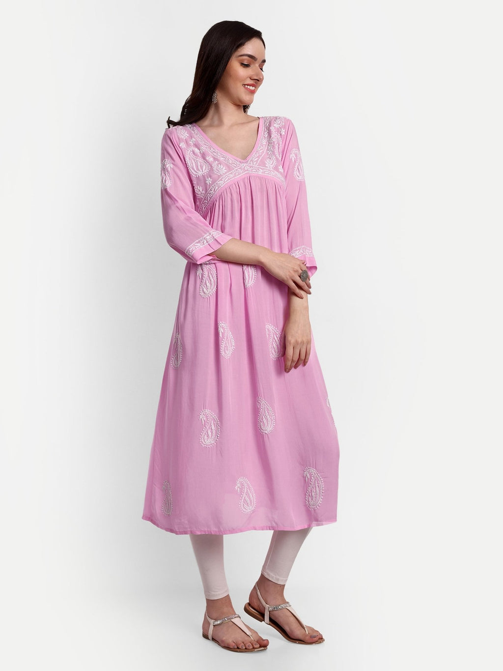 Lucknow Chikankari Hand Embroidered Long Alia Cut kurta for Women Modal Cotton - Indiankala4u
