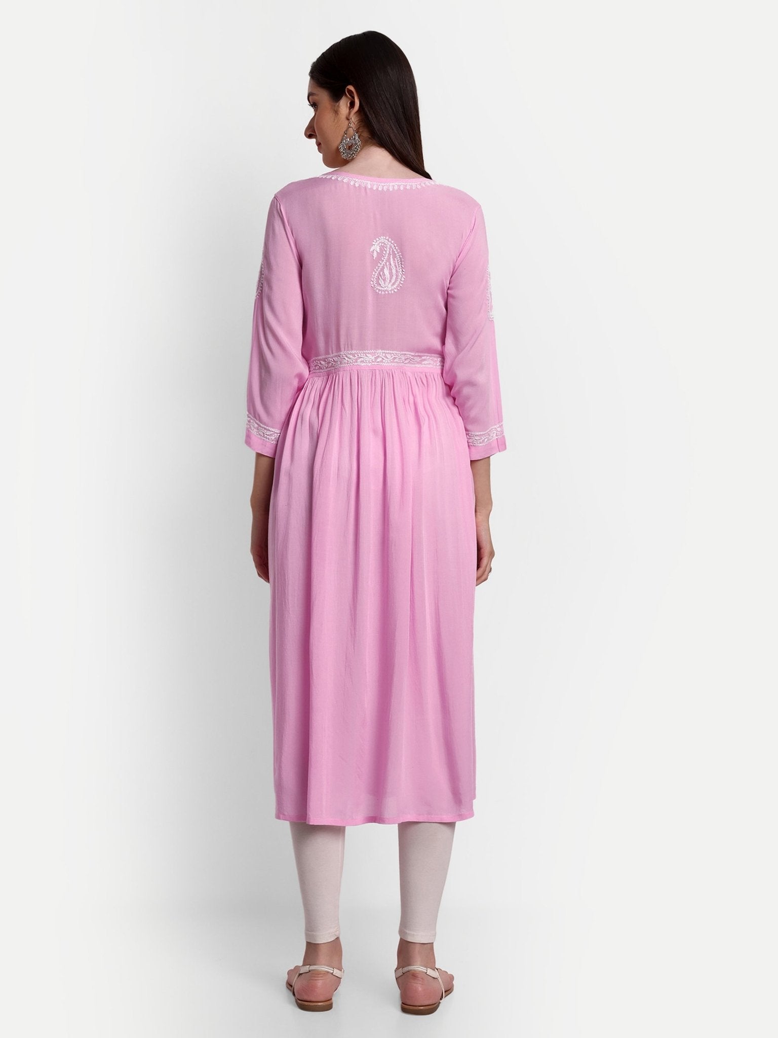 Lucknow Chikankari Hand Embroidered Long Alia Cut kurta for Women Modal Cotton - Indiankala4u