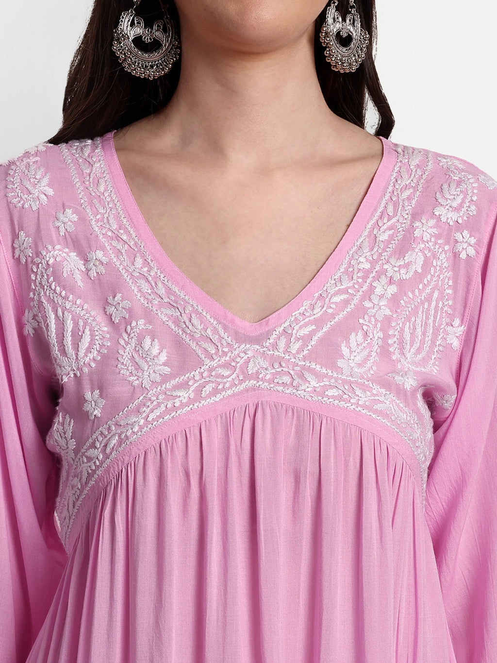 Lucknow Chikankari Hand Embroidered Long Alia Cut kurta for Women Modal Cotton - Indiankala4u