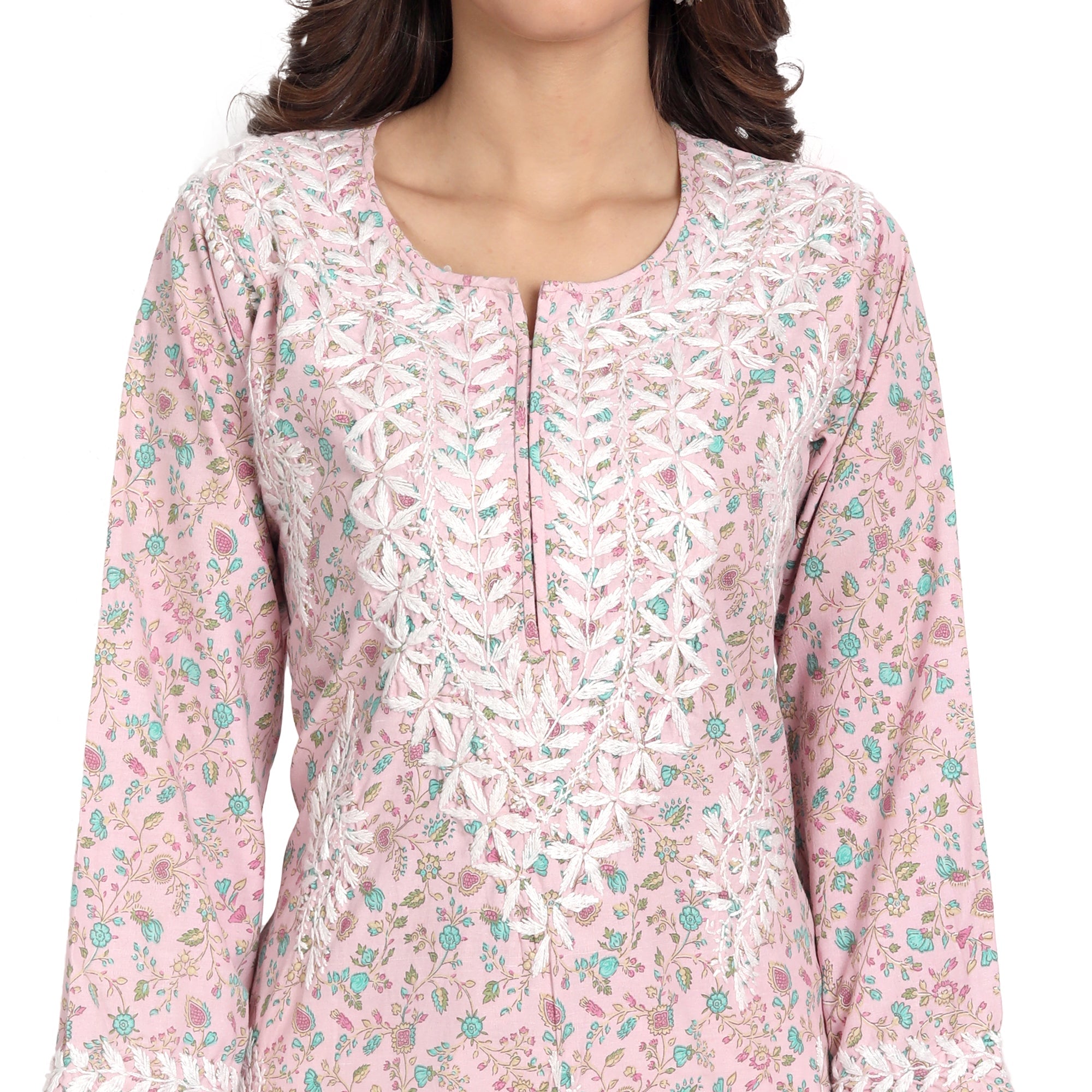 Lucknow Chikankari Hand Embroidered Long Kurta Cotton - Indiankala4u