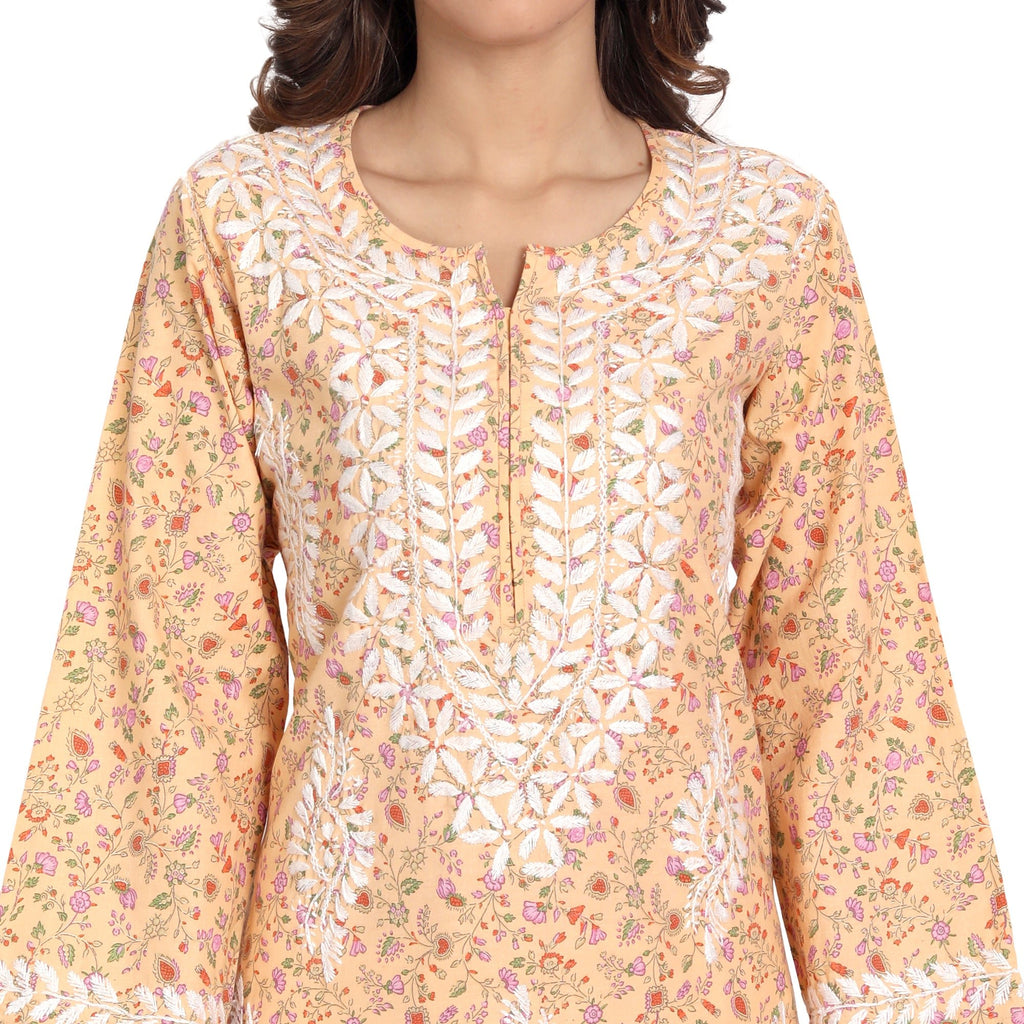 Lucknow Chikankari Hand Embroidered Long Kurta Cotton - Indiankala4u