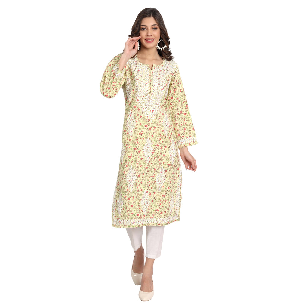 Lucknow Chikankari Hand Embroidered Long Kurta Cotton - Indiankala4u